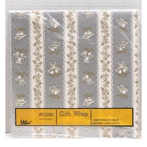 Vtg Laurel Wedding Gift Wrapping Paper 2 Sheets 7.9 Sq. Ft. Silver Gold Bells
